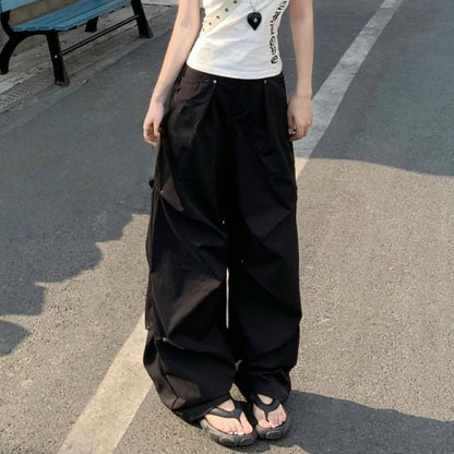 Mid Waist Plain Ruched Wide Leg Pants