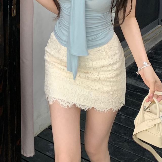 Top Pencil High Rise Skirt Mini Tie-Neck Lace / Plain Tank