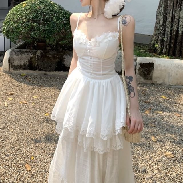 Peplum High Waist Maxi Camisole Plain / Trim A-Line Top Skirt Lace