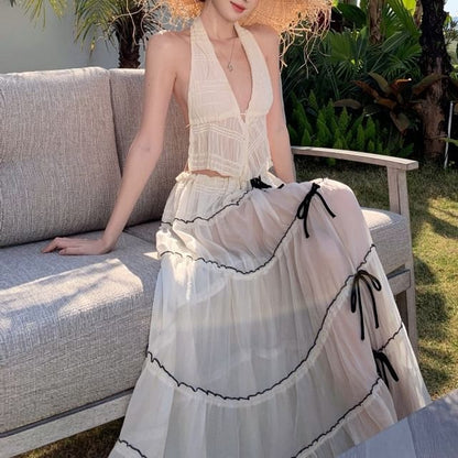 Set: V-Neck Plain Asymmetrical Cropped Halter Top + Low Rise Maxi A-Line Skirt