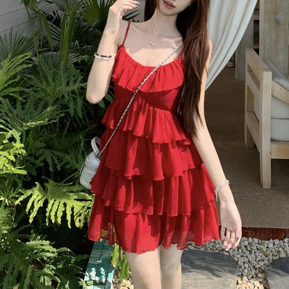 Spaghetti Strap Plain Ruffle Mini Sundress