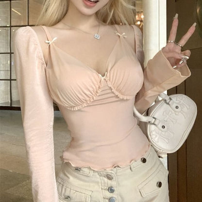 T-Shirt Plain Panel Two-Piece Mesh V-Neck Mock Edge Lettuce Long-Sleeve