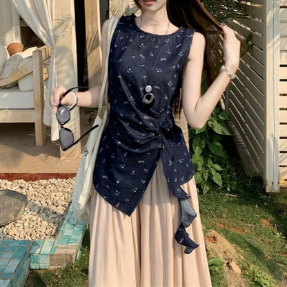 Floral Asymmetrical Tank Top / High Rise Plain Wide Leg Pants