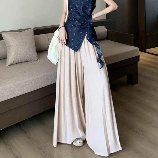 Floral Asymmetrical Tank Top / High Rise Plain Wide Leg Pants