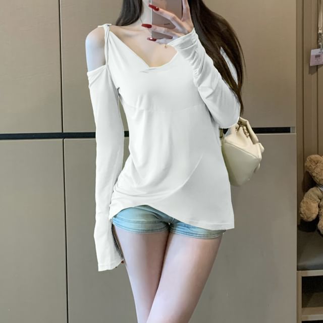 Long-Sleeve One-Shoulder Plain Asymmetrical T-Shirt