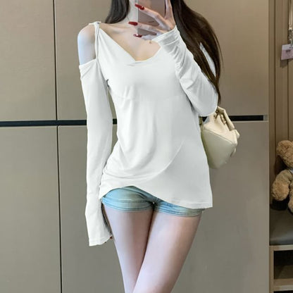 Long-Sleeve One-Shoulder Plain Asymmetrical T-Shirt