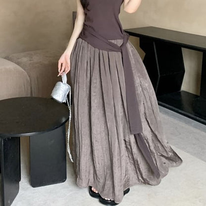 Scoop Neck Plain Tie Waist Halter Top / High Waist Maxi A-Line Skirt