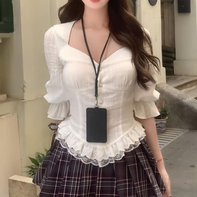 Puff-Sleeve Striped Lace Trim Blouse / Plain Button-Up Cami Top / High Waist Plaid Pleated Mini A-Line Skirt