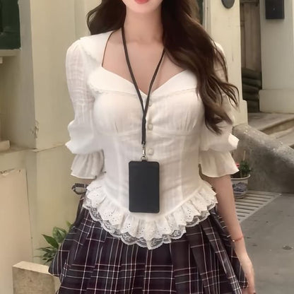 Puff-Sleeve Striped Lace Trim Blouse / Plain Button-Up Cami Top / High Waist Plaid Pleated Mini A-Line Skirt