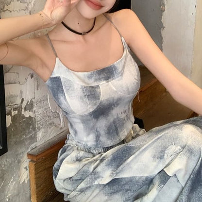 Scoop Neck Tie Dye Cropped Camisole Top / Drawstring Waist Wide Leg Pants