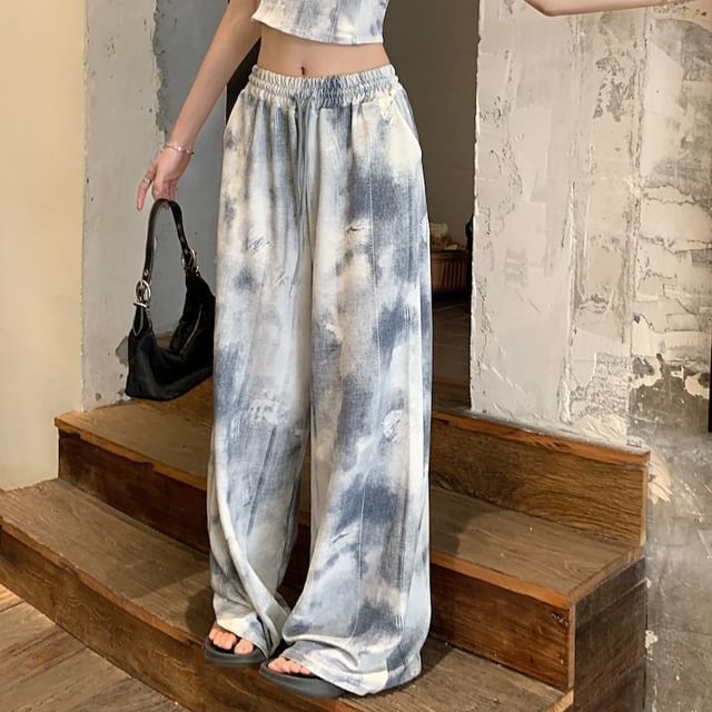 Scoop Neck Tie Dye Cropped Camisole Top / Drawstring Waist Wide Leg Pants