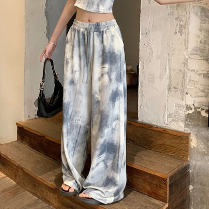 Scoop Neck Tie Dye Cropped Camisole Top / Drawstring Waist Wide Leg Pants