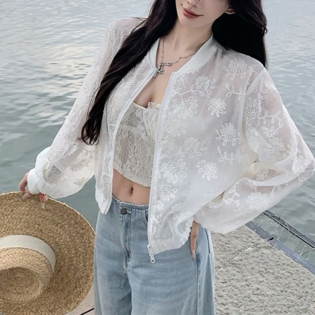Sheer Embroidered Jacket Flower Zip