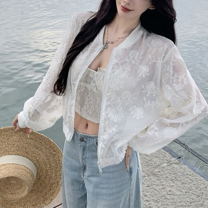 Sheer Embroidered Jacket Flower Zip