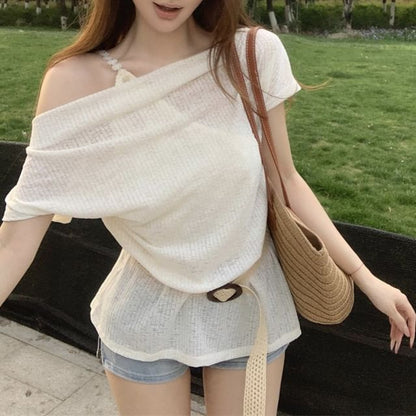 Short-Sleeve One-Shoulder Plain Tee