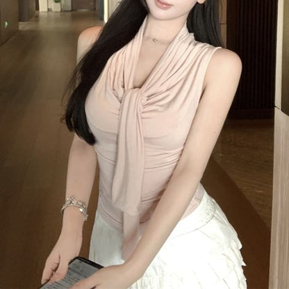 Tie-Neck Plain Tank Top