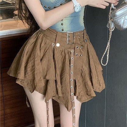 A-Line Studded Skirt Cami Top / Denim High Mini Washed Rise Asymmetrical Plain