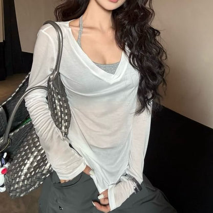 Long-Sleeve V-Neck Plain Tee / Scoop Neck Halter Top