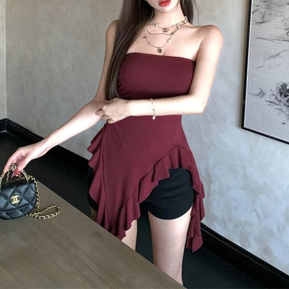 Strapless Plain Ruffle Asymmetrical Top