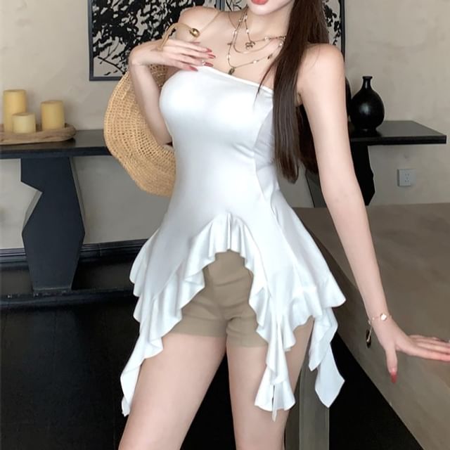 Strapless Plain Ruffle Asymmetrical Top