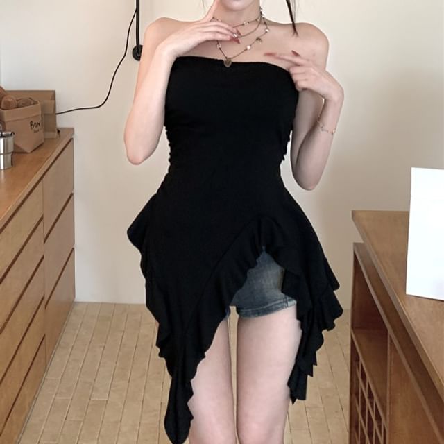Strapless Plain Ruffle Asymmetrical Top