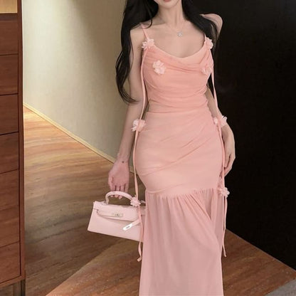 Spaghetti Strap Plain Flower Detail Ruched Side-Slit Maxi Mermaid Dress