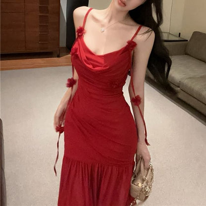 Spaghetti Strap Plain Flower Detail Ruched Side-Slit Maxi Mermaid Dress