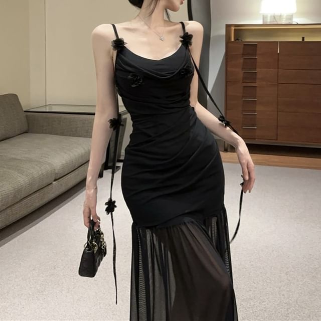 Spaghetti Strap Plain Flower Detail Ruched Side-Slit Maxi Mermaid Dress