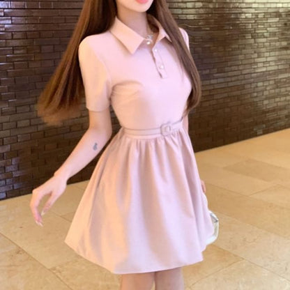 Short-Sleeve Collar Plain Mini A-Line Dress