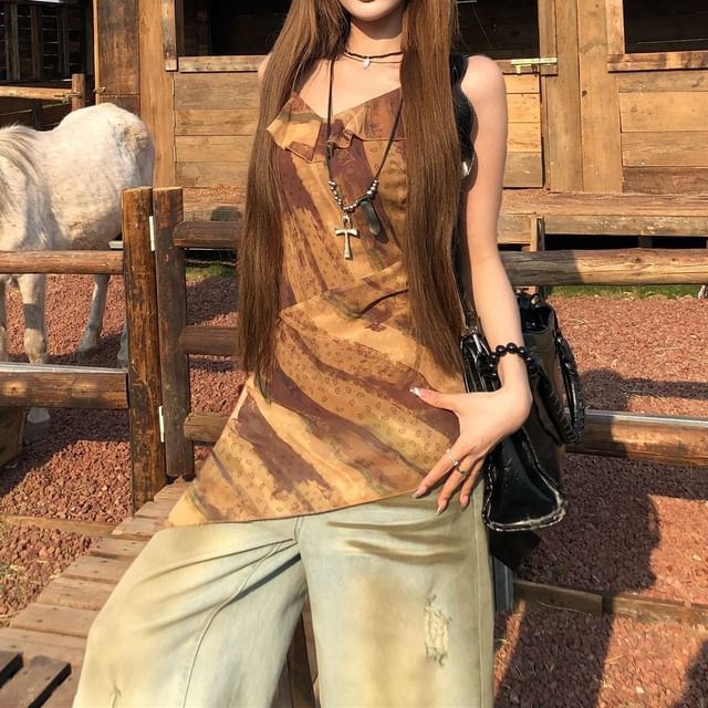 Printed Asymmetrical Ruffled Camisole Top