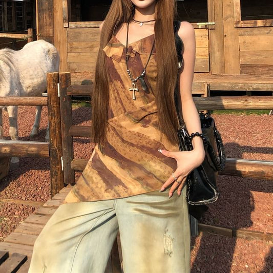 Printed Asymmetrical Ruffled Camisole Top