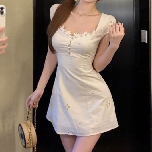 Short-Sleeve Square-Neck Floral Trim Mini A-Line Dress