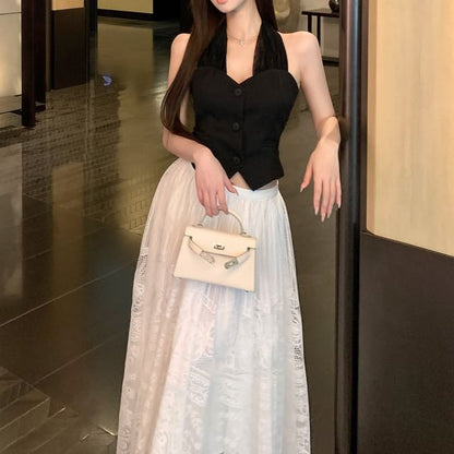 Halter-Neck Plain Button-Up Crop Top / Mid Waist Midi A-Line Lace Skirt