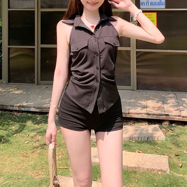 Halter-Neck Striped Shirred Button-Up Shirt