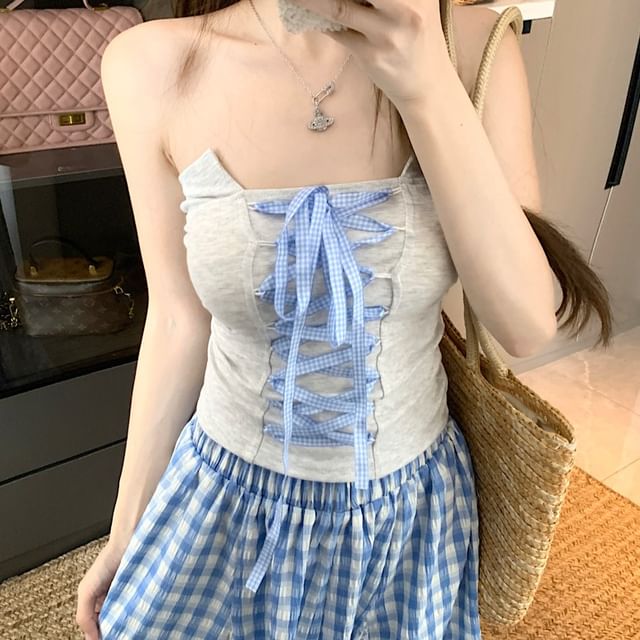 Gingham Lace-Up Tube Top