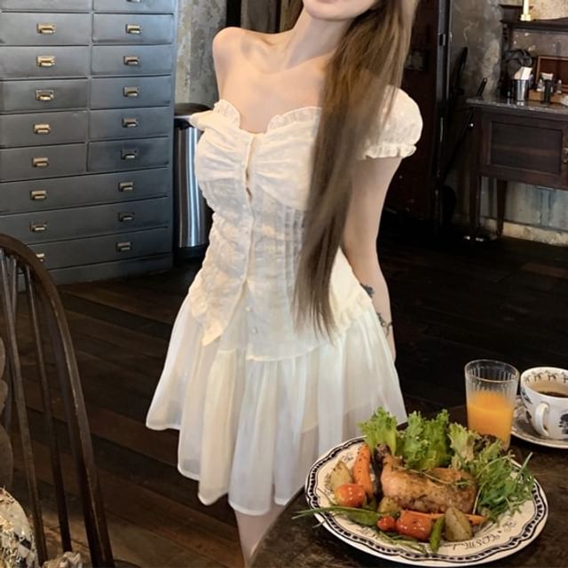 Off-Shoulder Plain Ruffled Shirred Blouse / High Rise Mini A-Line Skirt