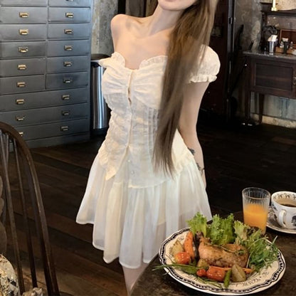 Off-Shoulder Plain Ruffled Shirred Blouse / High Rise Mini A-Line Skirt
