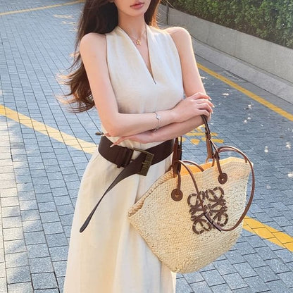 Halter-Neck Plain Midi A-Line Dress / Faux Leather Belt