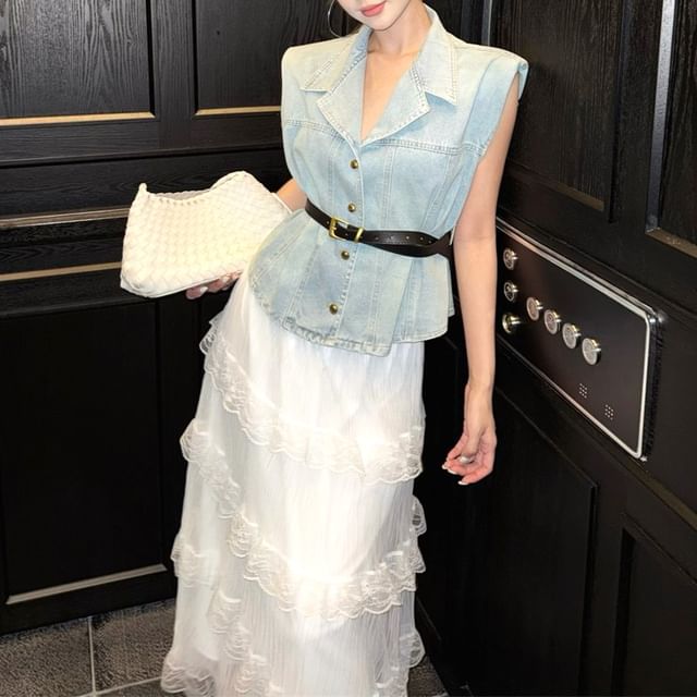 Washed Button-Up Denim Vest / High Rise Midi A-Line Layered Lace Skirt