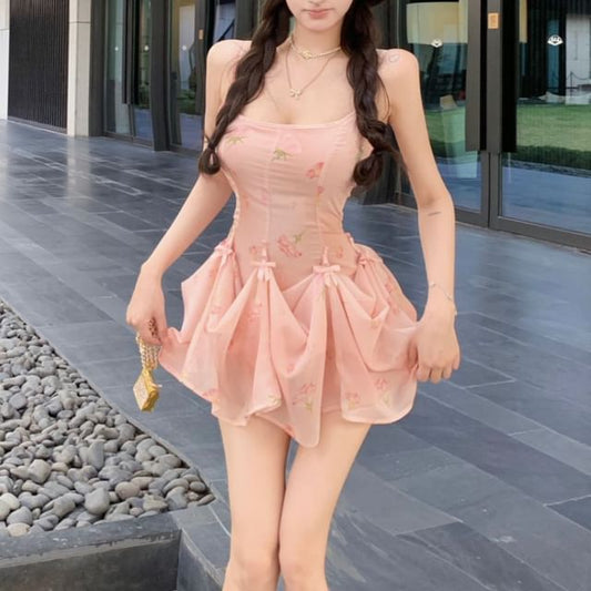 Spaghetti Strap Floral Print Shirred Mini A-Line Dress