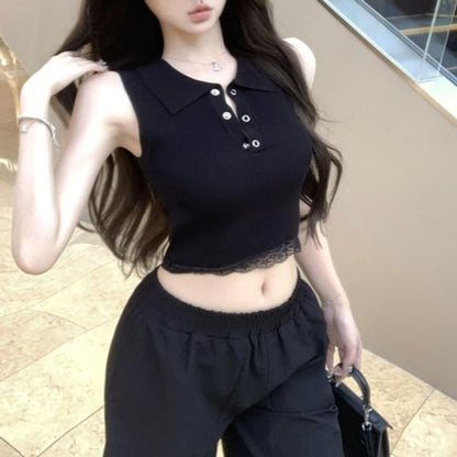 Sleeveless Plain Lace Trim Collared Top