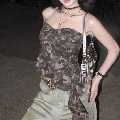 Asymmetrical Camo Print Ruffled Tube Top