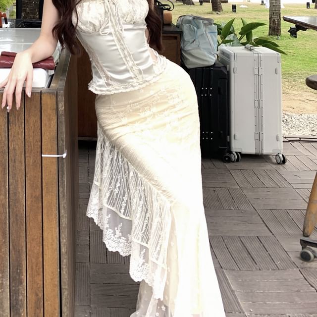 Lace Trim Drawstring Satin Camisole Top / High Rise Maxi Lace Fishtail Skirt