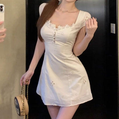 Short-Sleeve Square-Neck Floral Trim Mini A-Line Dress