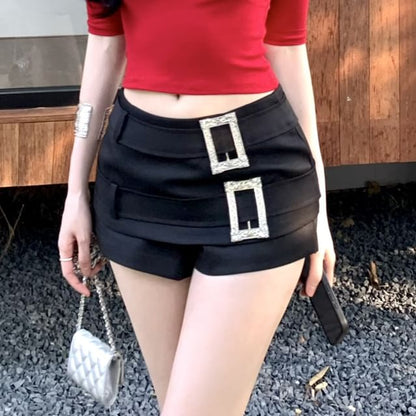 Short-Sleeve Crew Neck Plain Crop Tee / Low Rise Rhinestone Buckled Shorts