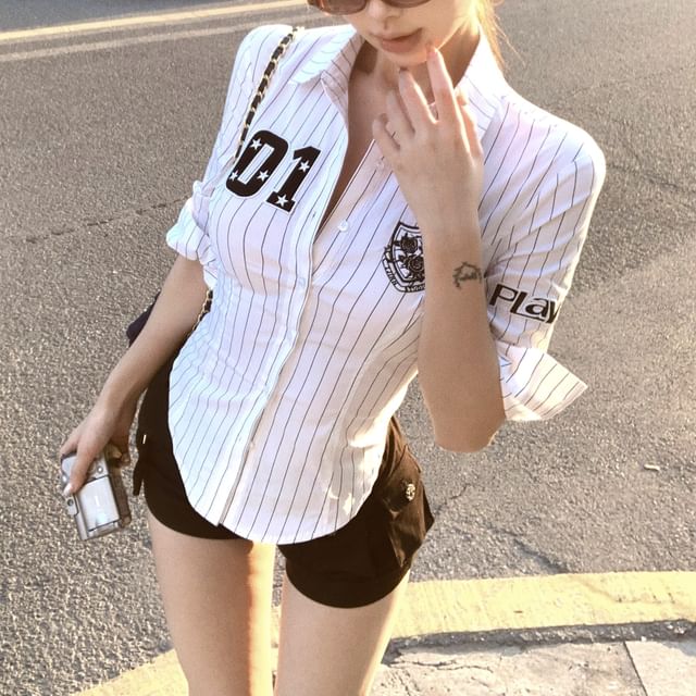 Elbow-Sleeve Numbering Striped Button-Up Shirt