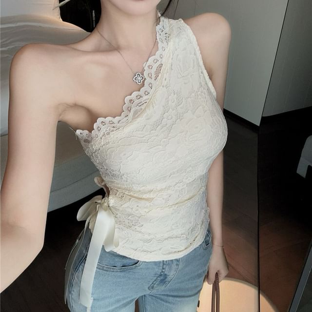 One-Shoulder Crop Lace Top