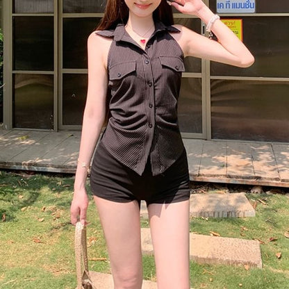 Halter-Neck Striped Shirred Button-Up Shirt