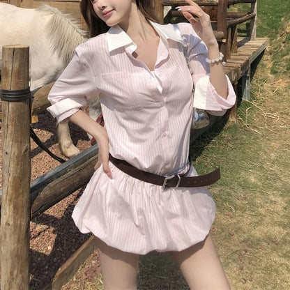 Set: Long-Sleeve Striped Button-Up Mini Shirtdress + Belt