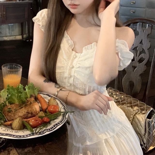 Off-Shoulder Plain Ruffled Shirred Blouse / High Rise Mini A-Line Skirt